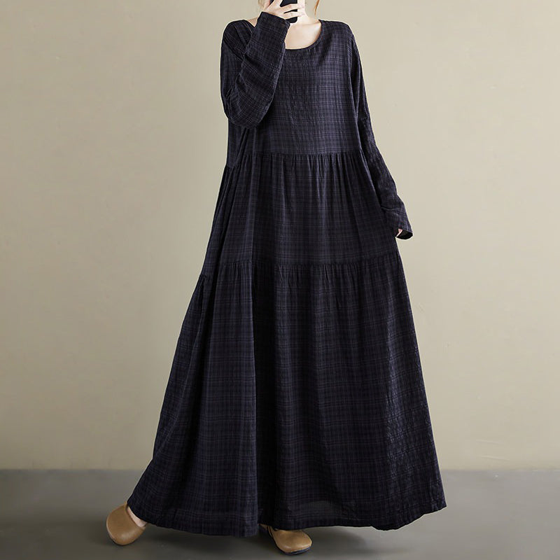 【60%OFF⭐️早い者勝ち】【ワンピース】レトロ ラウンドネック 長袖 ワンピース ゆったり 体型カバー 大きいサイズ【AHシリーズ】