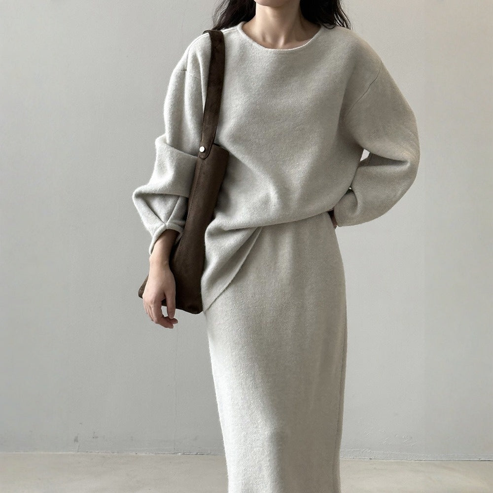 【セットアップ】春 秋 冬 ラウンドネック セーター + 着痩せ効果 スカート 2点上下セット 【SNシリーズ】