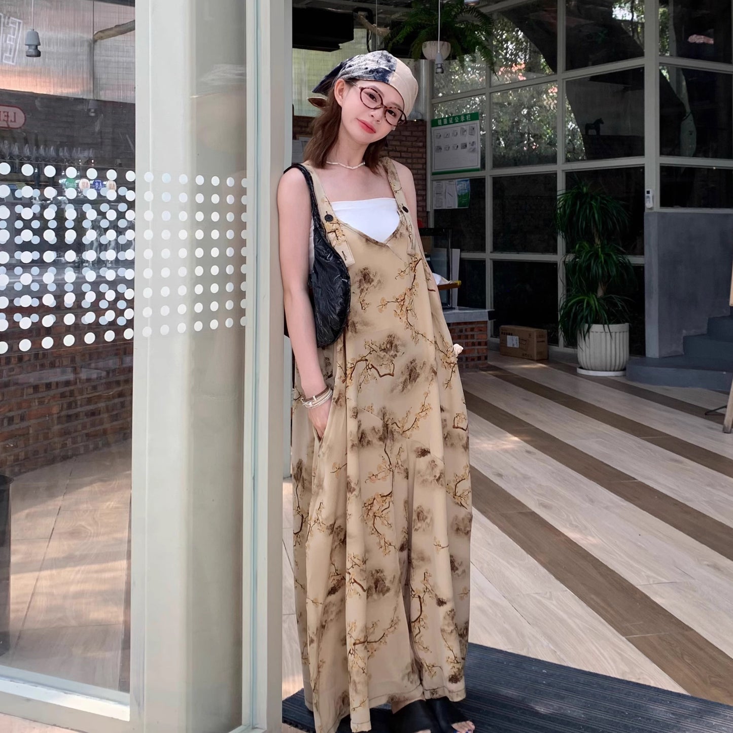 【ボトムス】夏 ゆったりカジュアル お洒落なアート風 山水画プリント ベージュ系オールインワン【SHシリーズ】