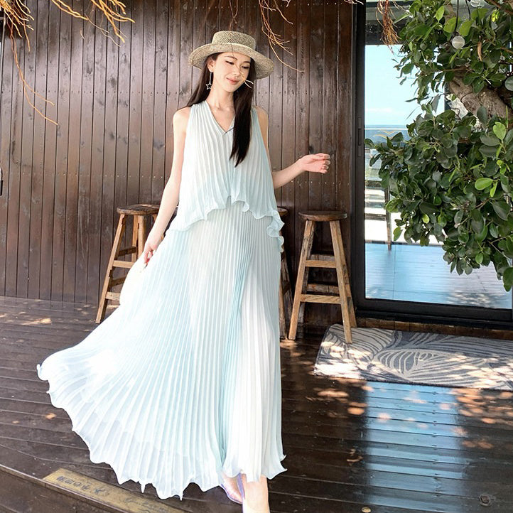 【ワンピース】リゾート 海辺コーデ ミントグリーン ノースリーブ ワンピース レディース 夏新作 ビーチ バカンス ロング丈【SHシリーズ】