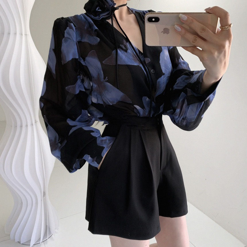 【トップス】韓国 chic 春夏向け おしゃれ Vネック 蝶プリント 長袖 ブラウス【SHシリーズ】