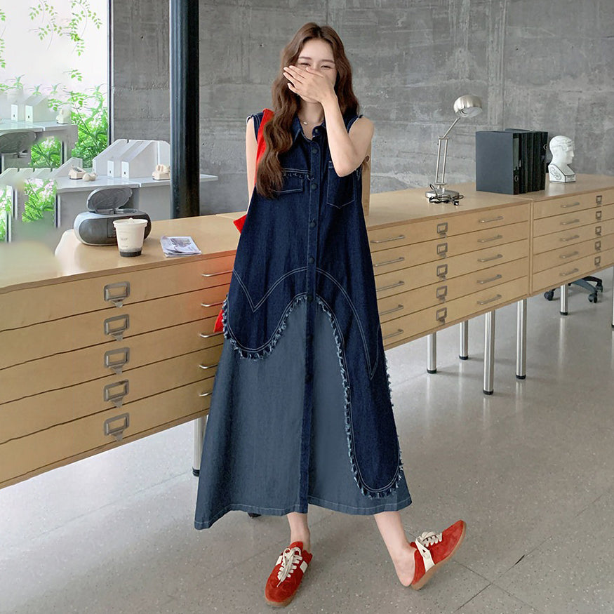 【ワンピース】フェイクレイヤードデニムノースリーブワンピース レディース 夏新作 韓国風 おしゃれロングドレス【JZシリーズ】