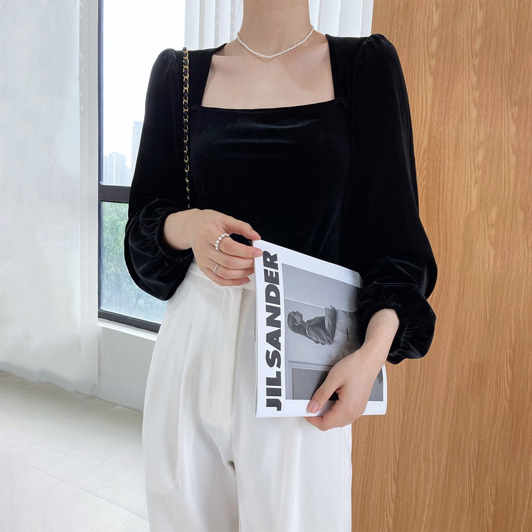 【トップス】春秋 ビロード生地 スクエアネック パフスリーブ Tシャツ【SNシリーズ】