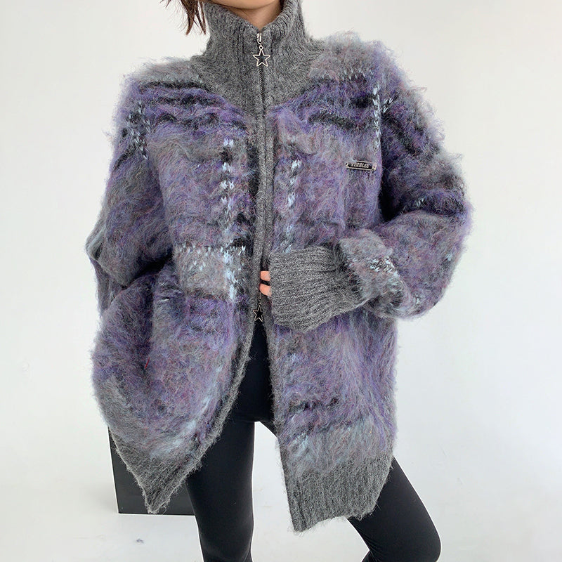 【トップス】個性派デザイン レディース チェック柄シャギーカーディガン ルーズシルエット 冬新作 セーター【FCシリーズ】