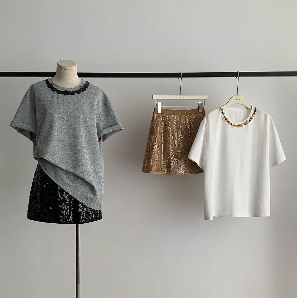 【セットアップ】春夏新作 / 韓国風 ゆったり Tシャツ+スパンコール スカート 上下セット【SNシリーズ】