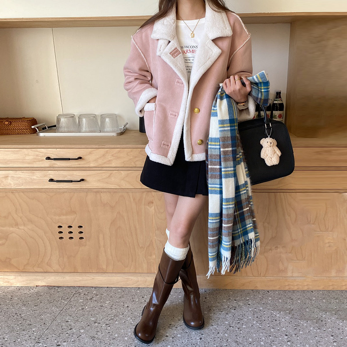 【アウター】おしゃれ 秋冬 スエード 切り替え配色 防寒 コート