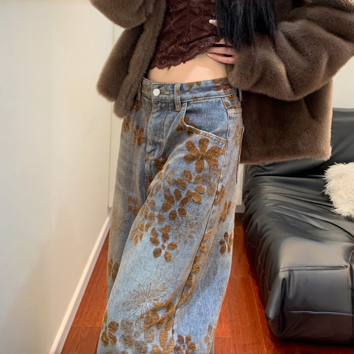 【ボトムス】レトロ ジャカード プラスサイズ 合わせやすい ワイドパンツ【FCシリーズ】【SHシリーズ】