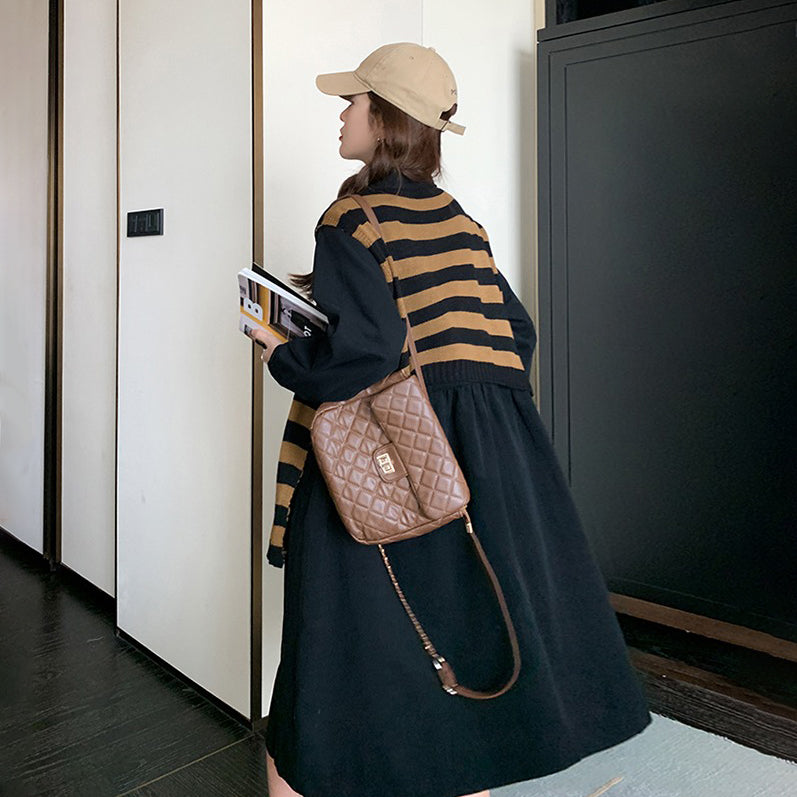 【ワンピース】ヴィンテージ風 ストライプショールワンピース 春秋 Aライン ゆったり 韓国風 長袖ワンピース【JZシリーズ】