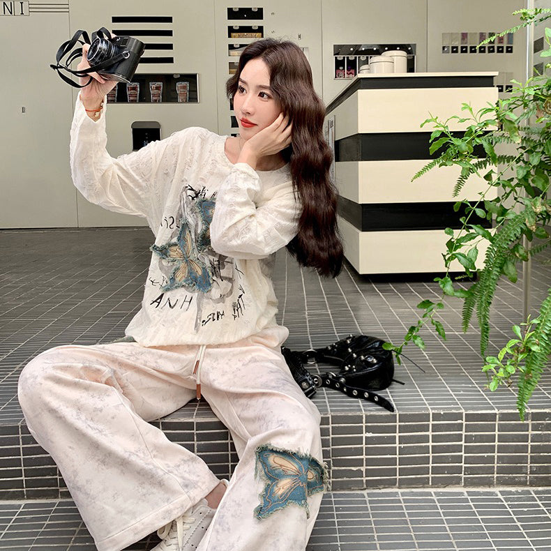 2点セット!【セットアップ】レトロ デニム刺繍 Tシャツ+ワイドパンツ 上下セット レディース 春秋 大人カジュアル 体型カバーコーデ【SHシリーズ】