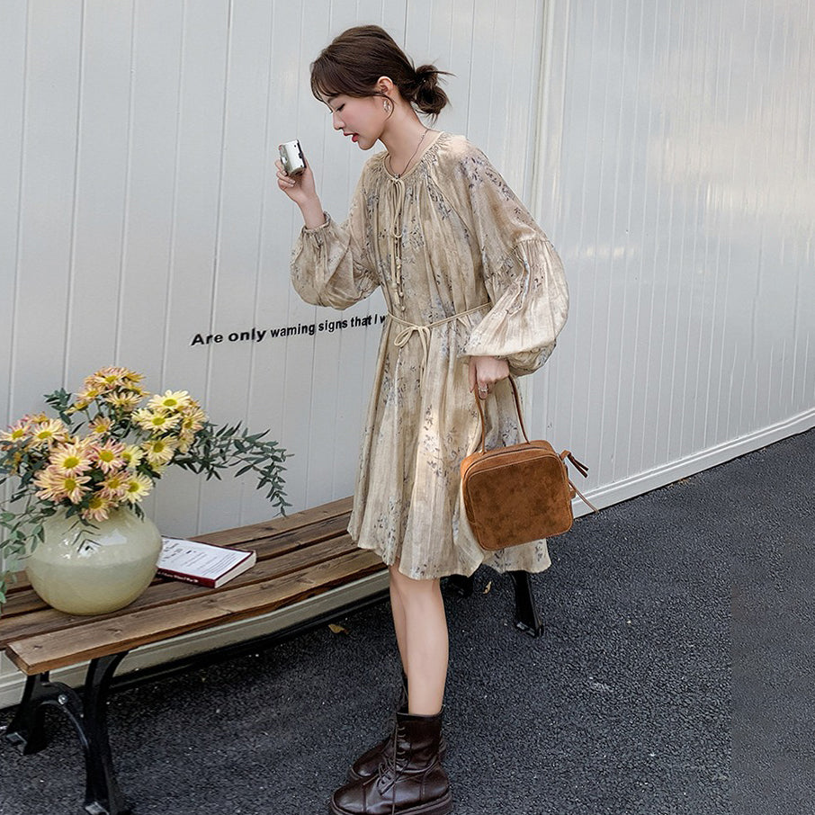 【ワンピース】ぼかし花柄ウエストマーク 長袖ワンピース レディース 春秋 リゾート風 フレンチ 【SHシリーズ】