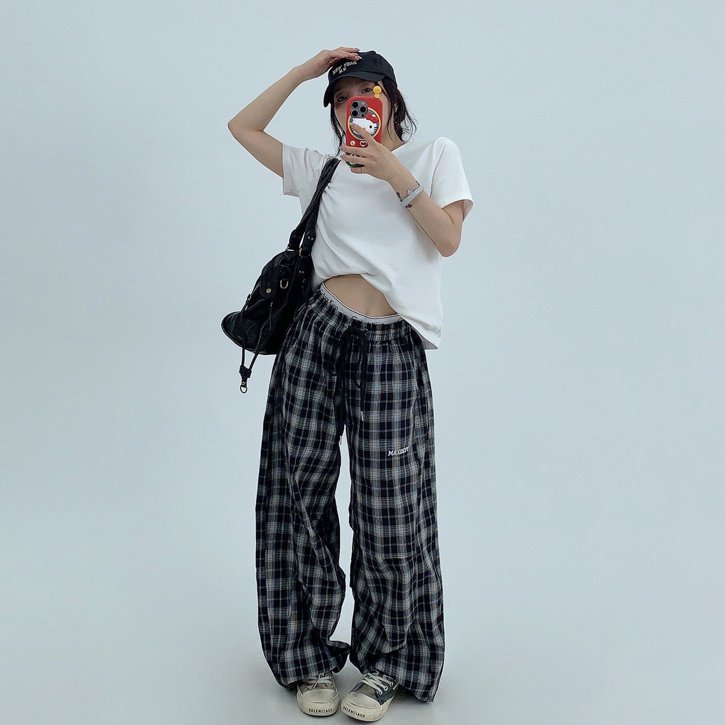 【ボトムス】アメリカン ヴィンテージ風 リラックス 感のある 薄手 チェック柄 ストレート ワイド パンツ【FCシリーズ】