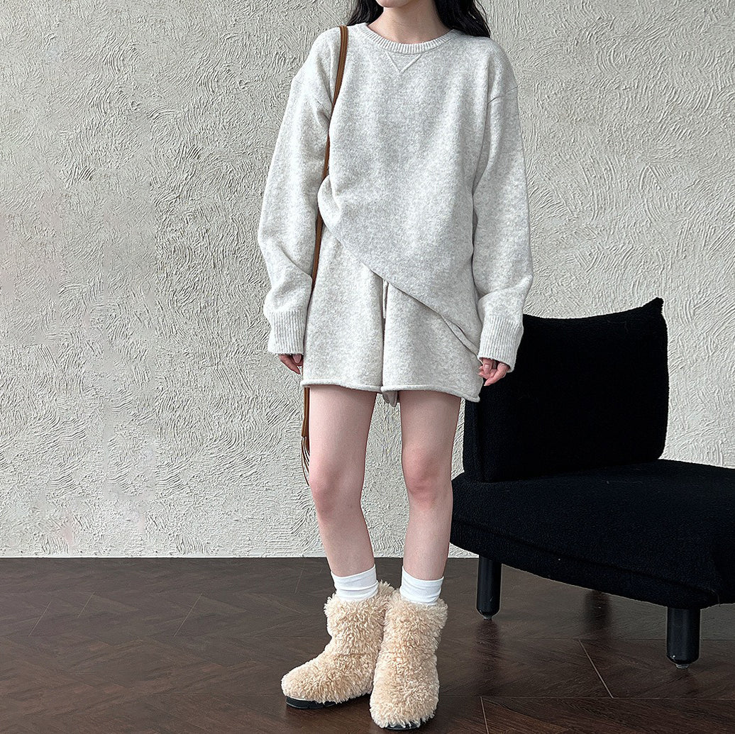 2点セット!【セットアップ】秋新作 韓国風ふんわりウール混ニットトップス+ショートパンツ 上下セット【JZシリーズ】