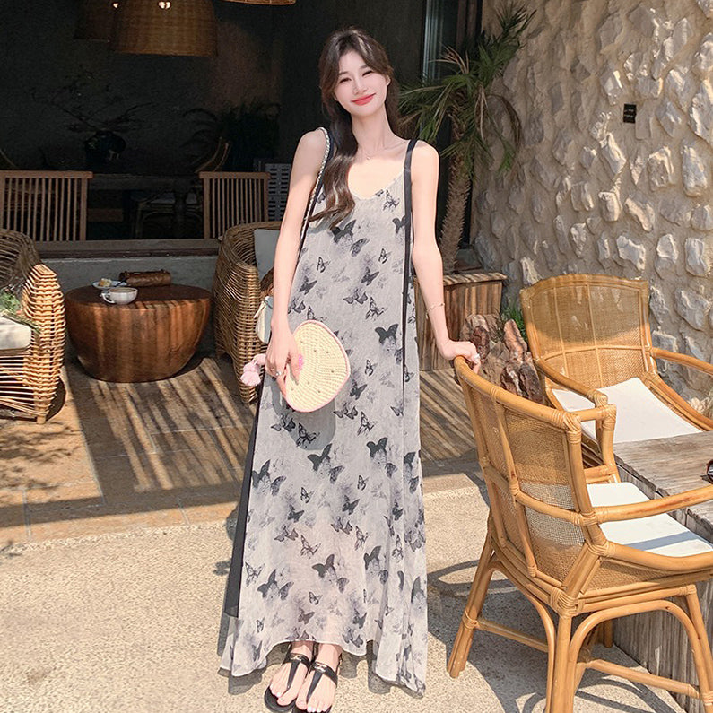 【ワンピース】バタフライプリント 夏新作 韓国風 リゾートムード ノースリーブキャミワンピース【SHシリーズ】