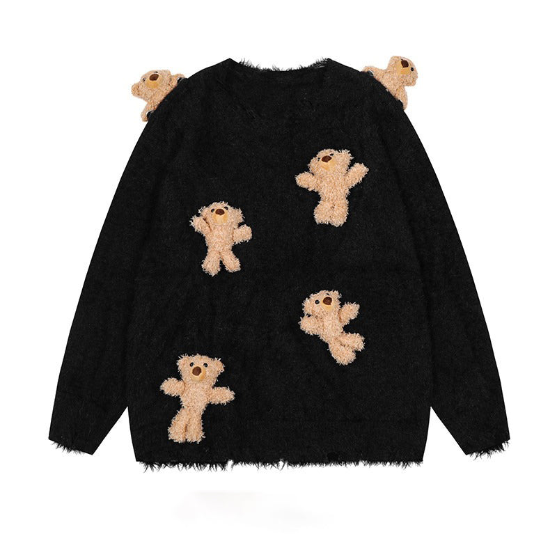 【トップス】ベアドール モチーフ カレッジ風 ニットセーター ユニセックス アメリカンレトロ デザイン カップル向け ニット【FCシリーズ】