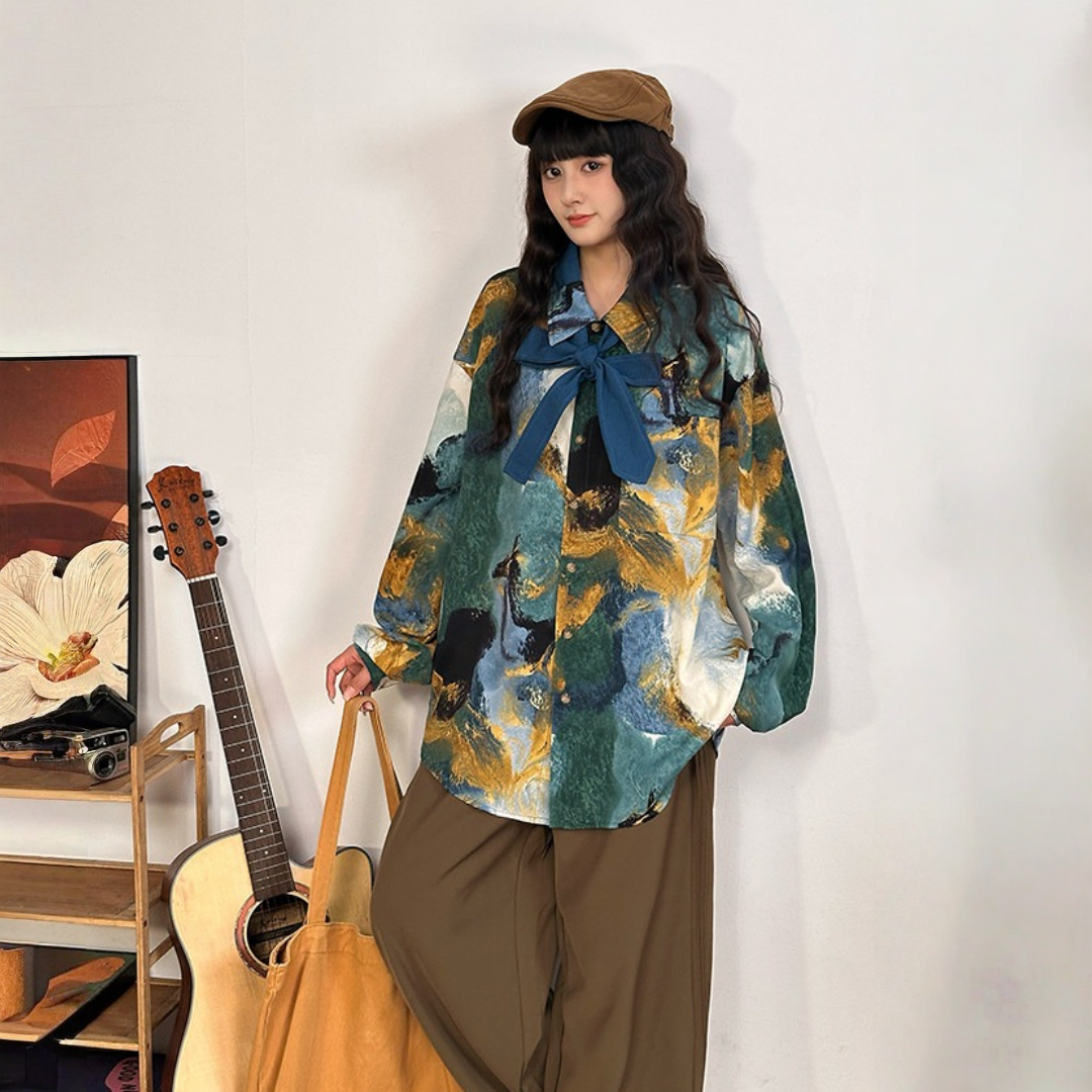 【トップス】カラフル油絵プリント アート感のある 長袖 シャツ 【FCシリーズ】
