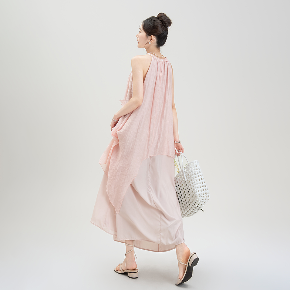 【ワンピース】夏新作 フレンチバカンス風 立体フラワー付き ハルターネック ノースリーブワンピース【SHシリーズ】