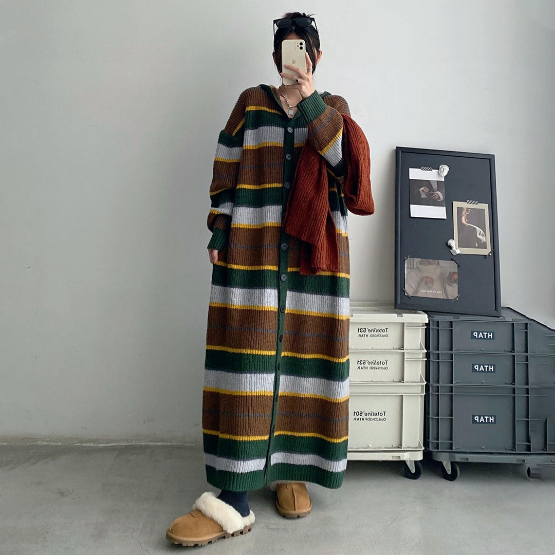 【ワンピース】冬 カジュアル ゆったり しま模様 フード付き 長袖ワンピース【FCシリーズ】