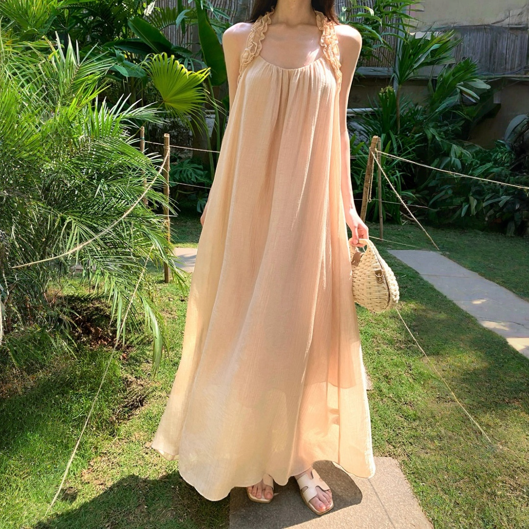 【ワンピース】フレンチロマン ホルターネック シフォン フリル フレアシルエット ノースリーブ ワンピース 【SHシリーズ】