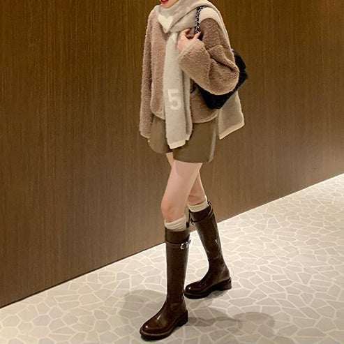 【シューズ】春秋冬 ラウンドトゥ 厚底 ハイバレルブーツ