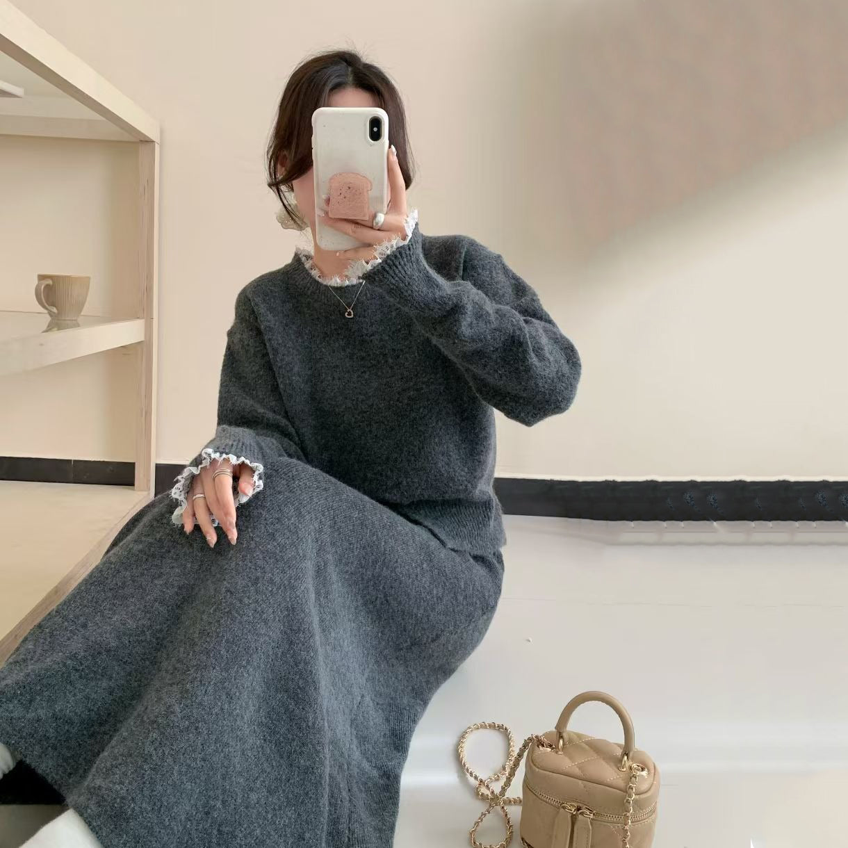 【セットアップ】韓国chic 秋冬新作 ニット上下セット レディース レトロ上品 ふんわり柔らか 長袖セーター+ハイウエストニットスカート【JZシリーズ】