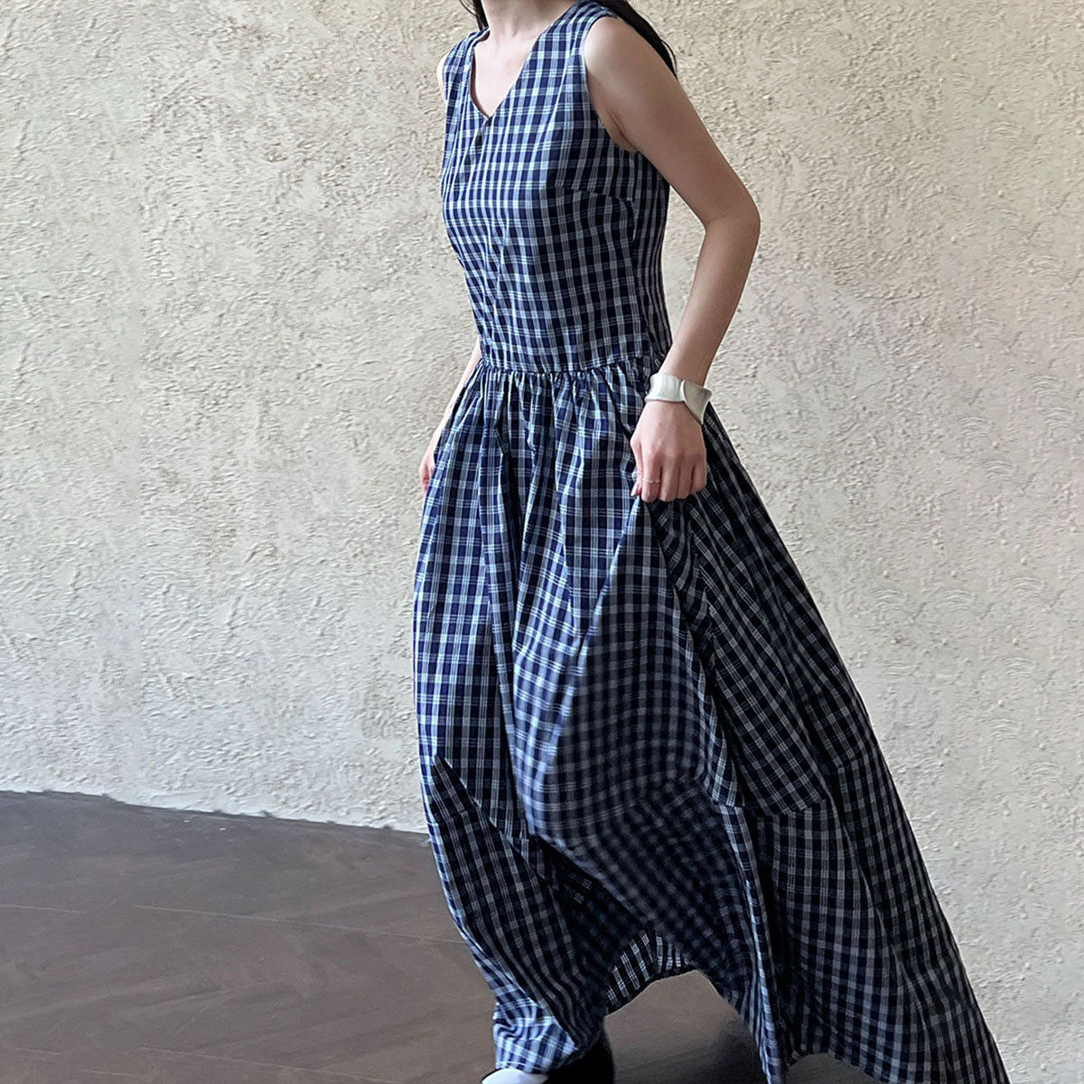 【ワンピース】コットン100% フレンチ 春夏 Vネック チェック ノースリーブワンピース【SNシリーズ】