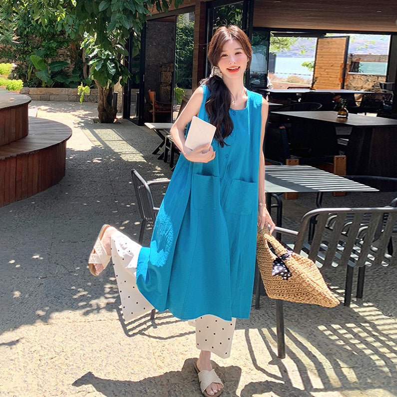 2点セット!【セットアップ】優しい系 ノースリーブシャツワンピース+ ドット柄 ワイドパンツ 重ね着でおしゃれ