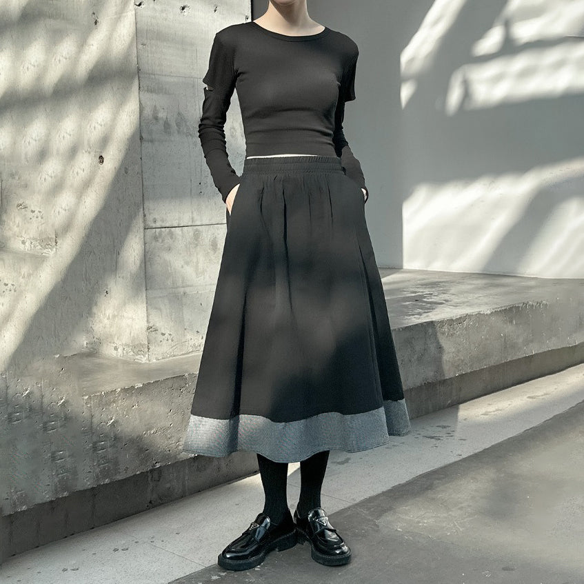 【ボトムス】秋冬 フレンチスタイル チェック柄 切り替え 配色 ブラック ミディ丈 Aライン フレアスカート ウエストゴム すっきり見え【JZシリーズ】