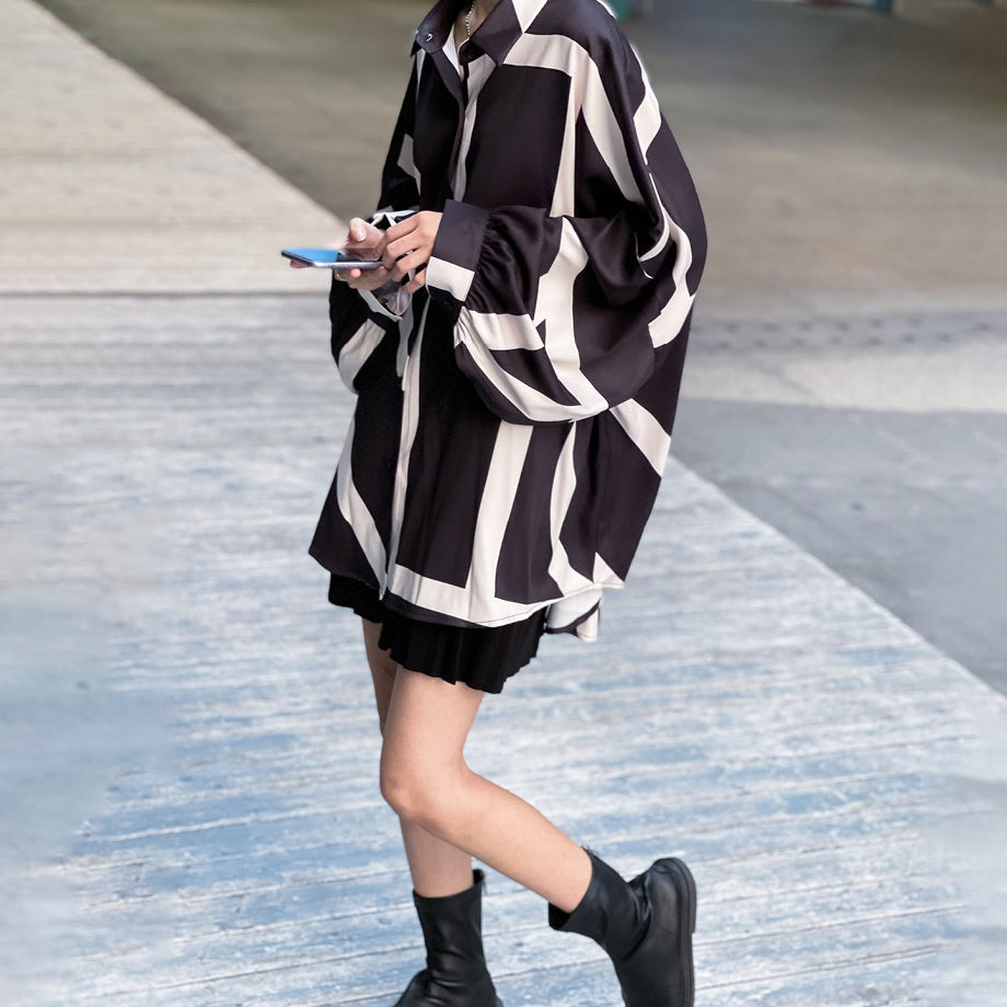 【トップス】春夏秋 ストリート系 不規則なストライプ柄 ドレープ 長袖シャツ