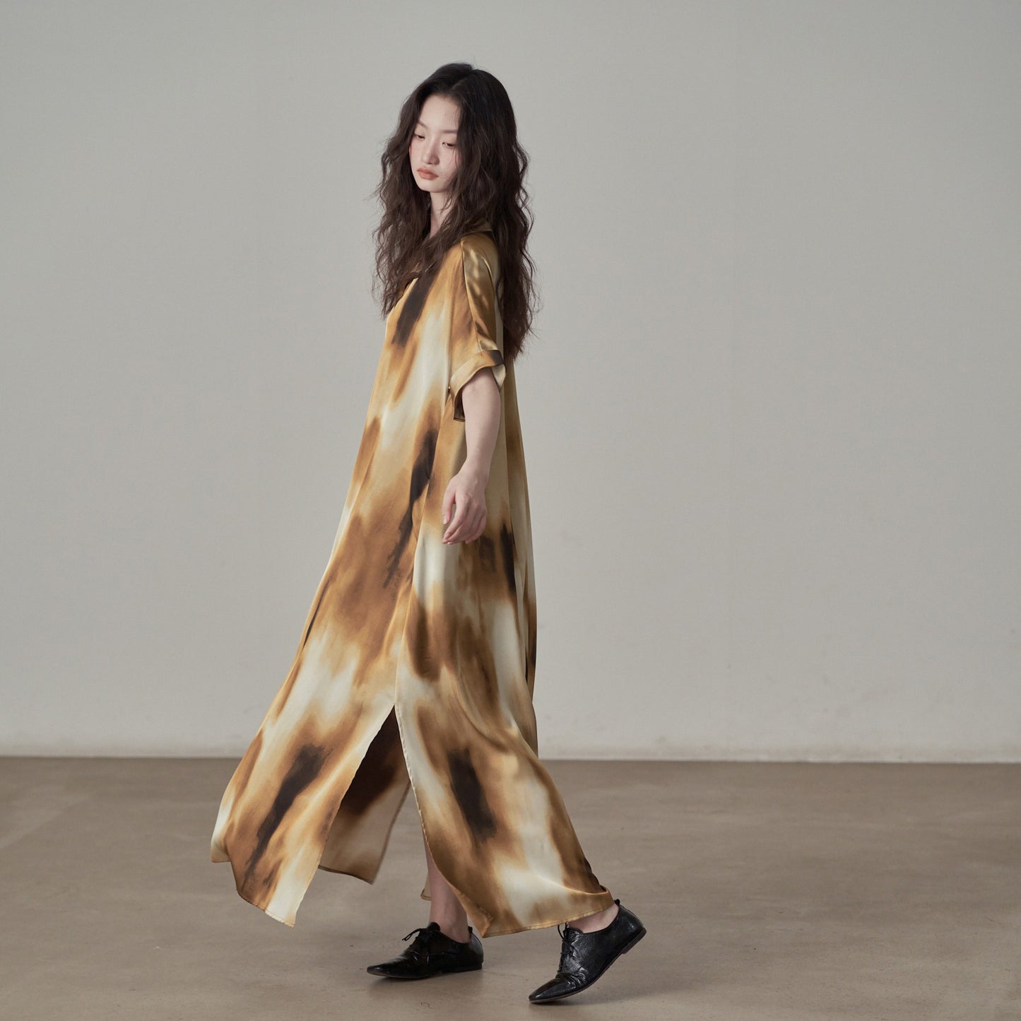 【ワンピース】新中式プリント 気品あるフィット感 ロング丈 半袖 シャツワンピース【SHシリーズ】