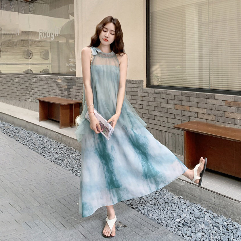 【ワンピース】夏 フレンチ風 タイダイ柄 森系 メッシュパッチワーク ノースリーブワンピース【SHシリーズ】