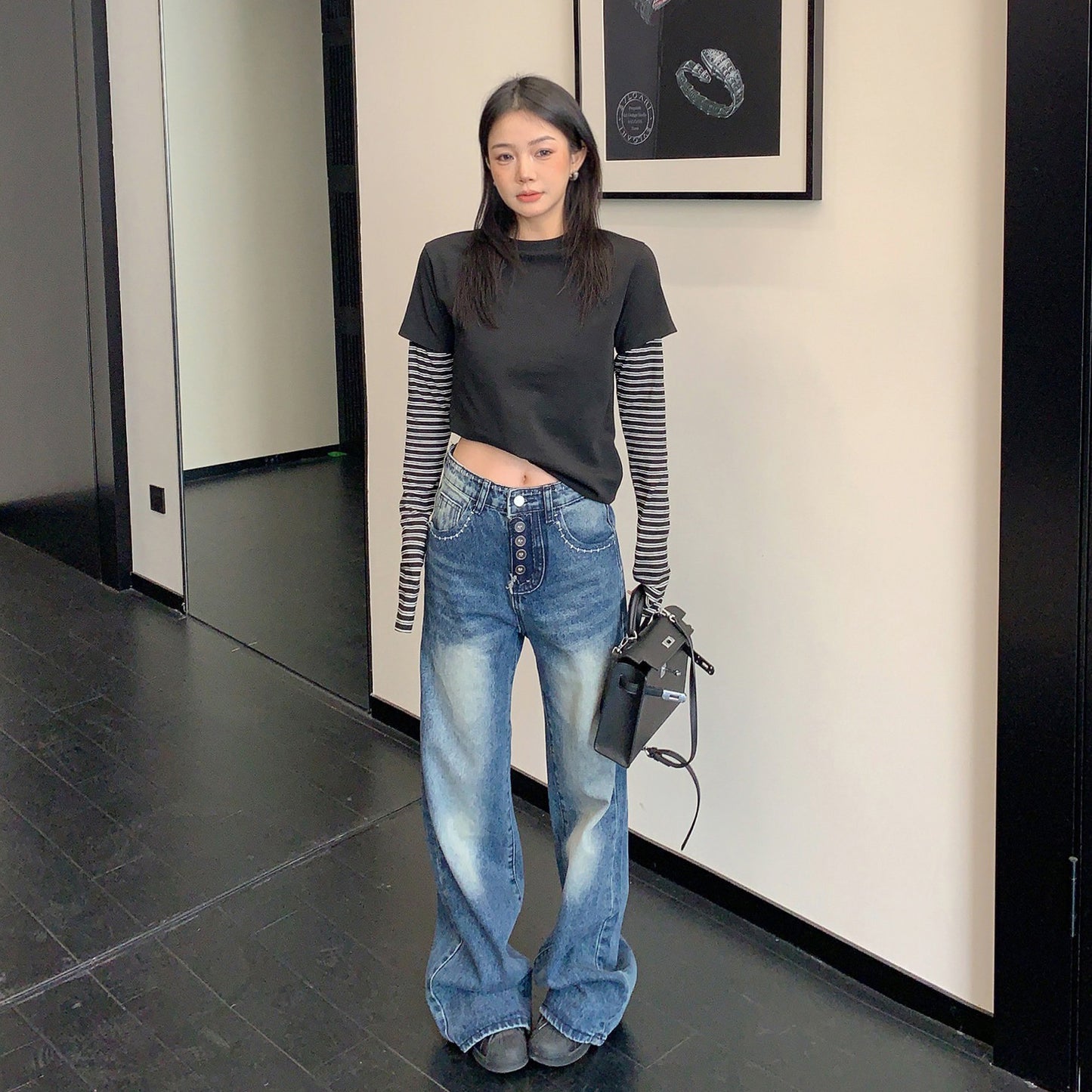 【トップス】タイト ショート丈 レイヤード風 ブラック 長袖 Tシャツ レディース トレンド【FCシリーズ】