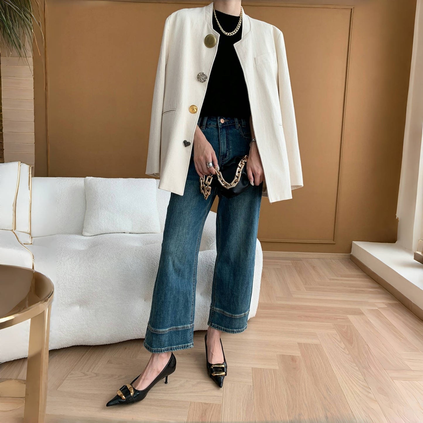 【アウター】春秋 文芸スタイル ボタン付き着痩せ スーツジャケット【SNシリーズ】