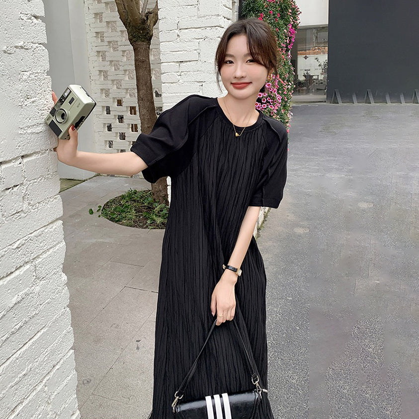 【ワンピース】高見えフレンチ風◎ブラックプリーツ 半袖ワンピース ゆったり体型カバー【JZシリーズ】