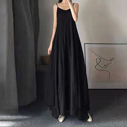 【ワンピース】夏新作 レトロ ゆったり細見え 無地 ノースリーブワンピース