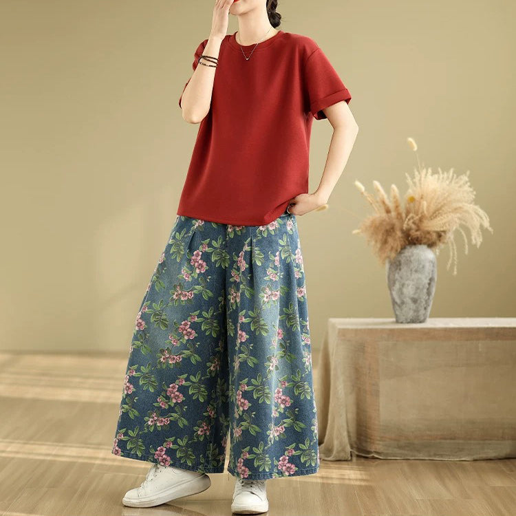 【ボトムス】ゆったりデニムパンツ 花柄デザイン リラックスシルエット 大きめサイズ ジーンズ【SHシリーズ】