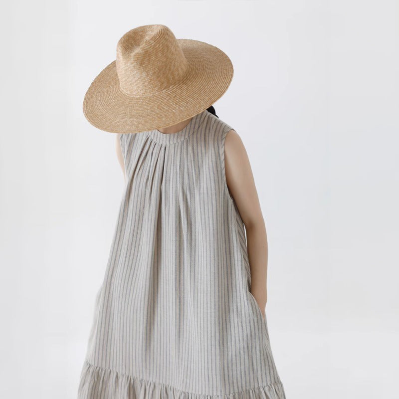 【ワンピース】先染め リネン混 ストライプ ノースリーブワンピース レディース バックスリット フィッシュテール ロングワンピース ゆったり 体型カバー【JZシリーズ】