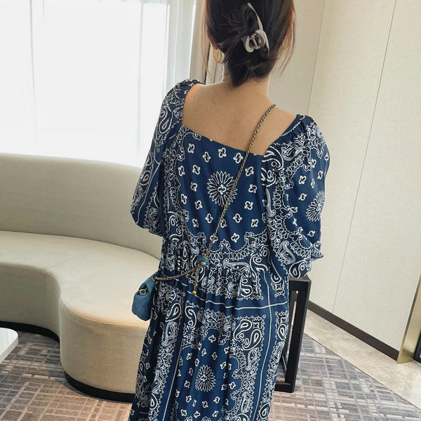 【ワンピース】 ヴィンテージ調 夏 フレンチ風 ミモレ丈 ゆったり 半袖ワンピース 休暇スタイル 上品な雰囲気【SHシリーズ】