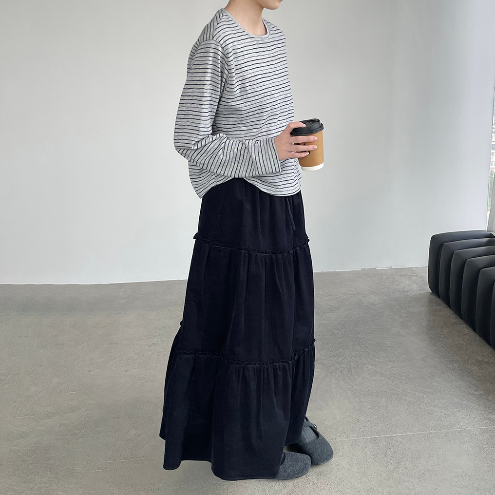 【ボトムス】韓国風 フリルプリーツスカート レディース ウエストゴム Aライン ロング【JZシリーズ】