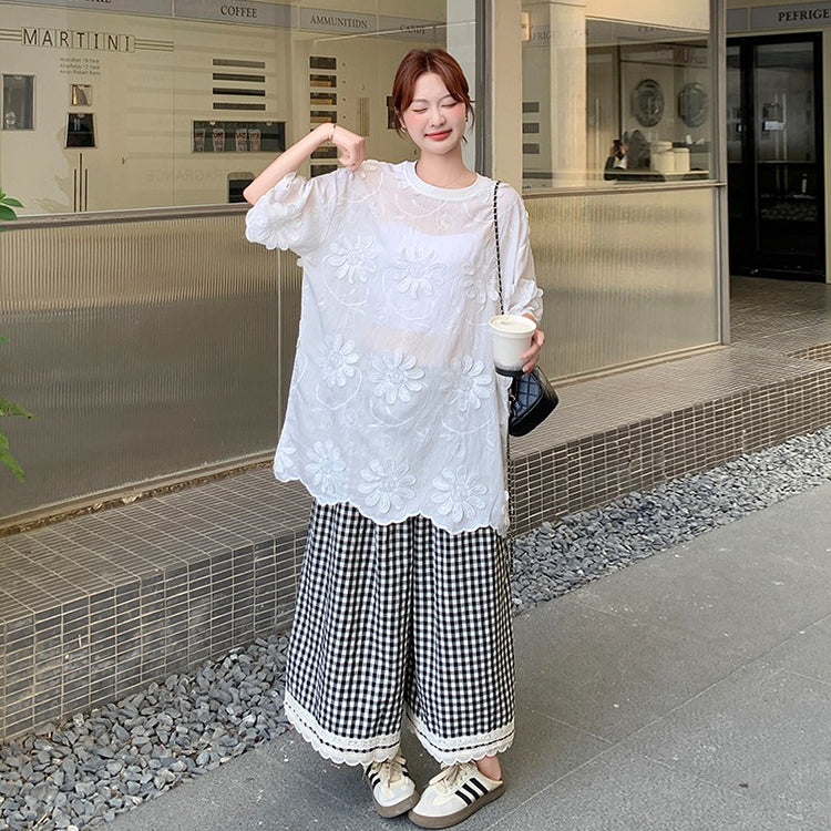 2点セット!【セットアップ】立体フラワー刺繍シャツ+チェックワイドパンツ 上下セット レディース 夏 リラックス感 上品カジュアル【SHシリーズ】