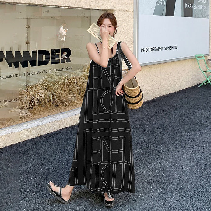 【ワンピース】バカンス配色ジオメトリックプリント リラックス感細見え ノースリーブキャミワンピース【SHシリーズ】