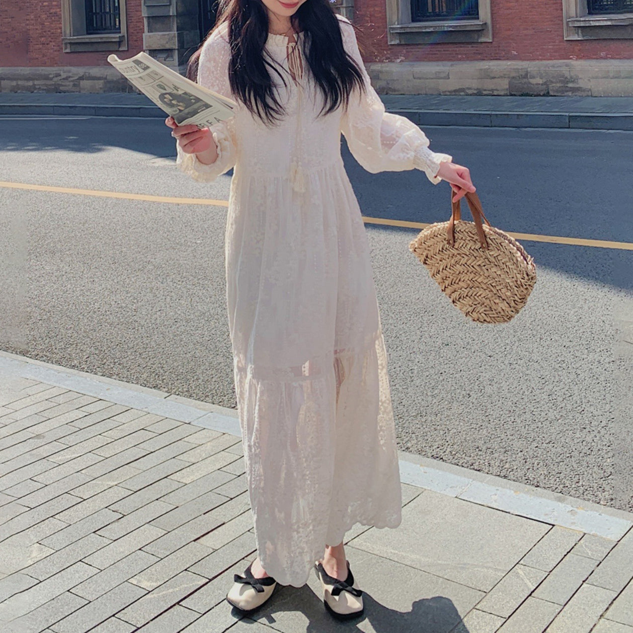 【ワンピース】春秋夏 刺繍プリント スリム効果 ロング丈 アンクル丈 長袖ワンピース