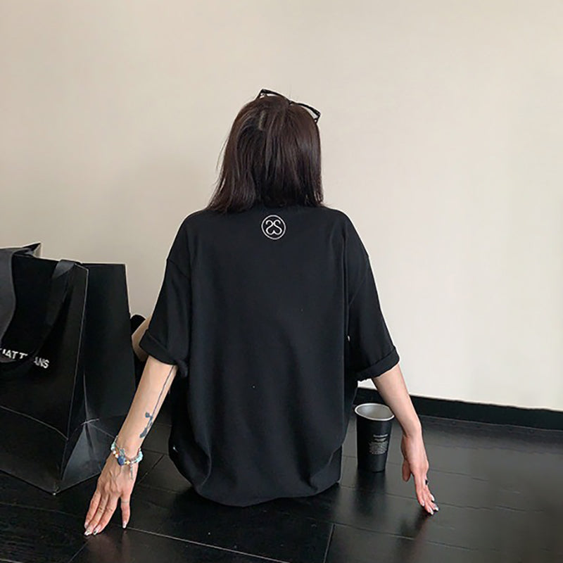【トップス】ヴィンテージ風 シンプル刺繍Tシャツ 綿100% レディース 夏 オーバーサイズ 半袖【FCシリーズ】