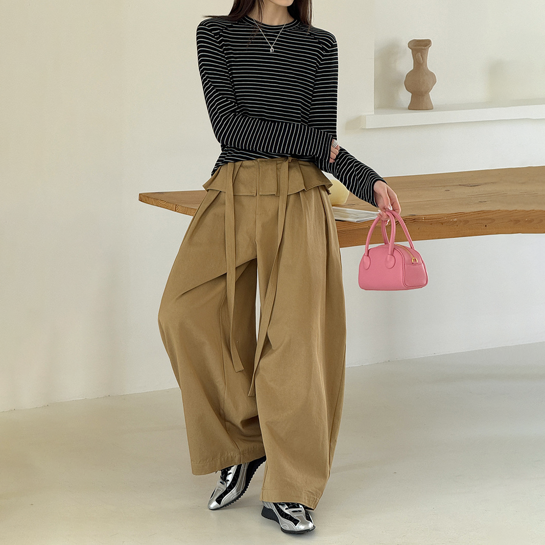 【ボトムス】デザイン感 フェイクレイヤード レース切替 ハイウエストワイドパンツ レディース 春新作 ゆったり カジュアルスラックス【JZシリーズ】
