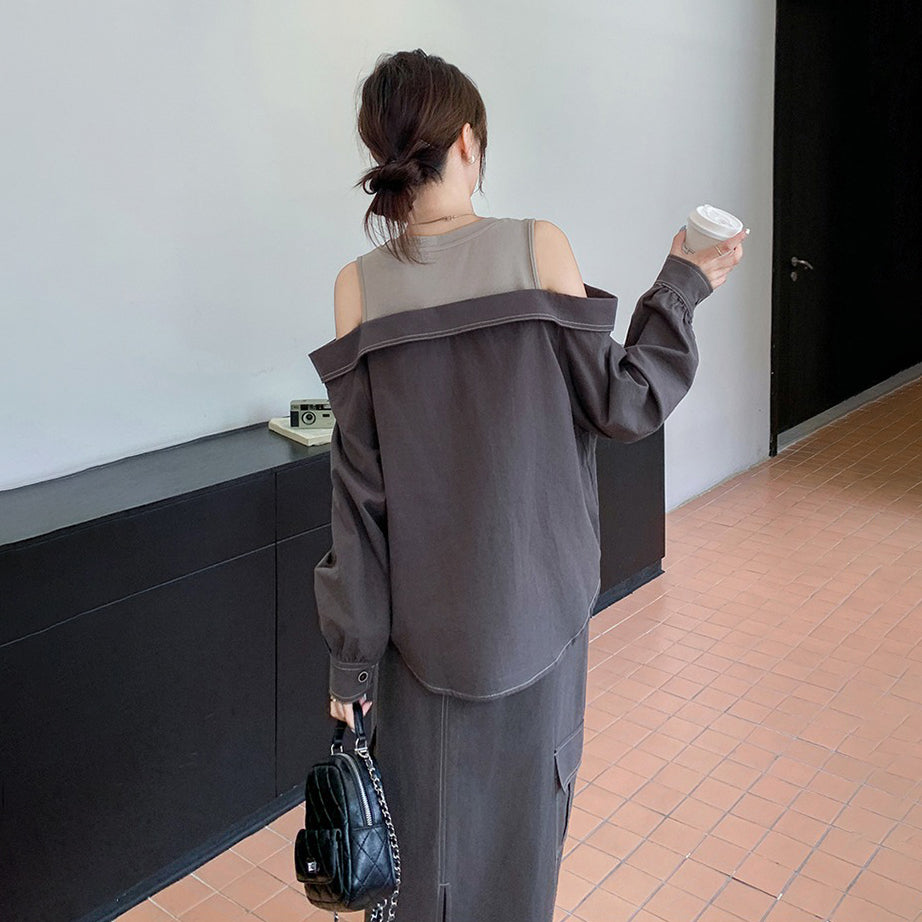 2点セット!【セットアップ】韓国風シック オフショルダー トップス+スカート 上下セット 春秋向け ユニークで美しい ソルト系・大人カジュアル ティー系コーデ 2点セット【JZシリーズ】