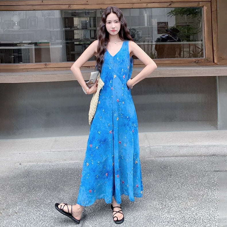 【ボトムス】夏新作 ゆったりシルエット 体型カバー ブルー立体花刺繍 シフォンオールインワン【SHシリーズ】