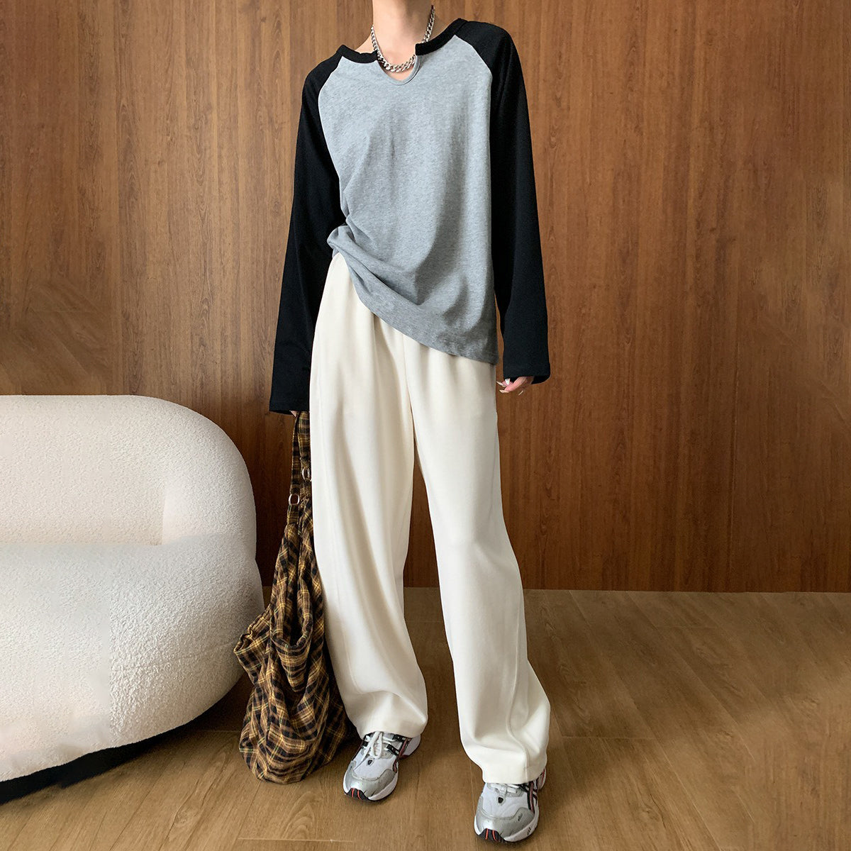 【トップス】レトロ 春秋 ラグランスリーブ Uネック 長袖 Tシャツ【JZシリーズ】