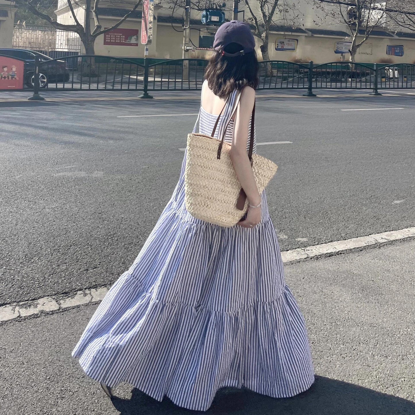 【ワンピース】ストライプ柄 ノースリーブ ワンピース 夏 フレンチ風 キャミソール ゆったり カジュアル ビーチ バカンス【SHシリーズ】