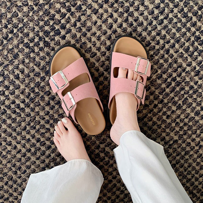 【シューズ】夏 全4色 レトロ 人工皮革 厚底 スリッパ サンダル