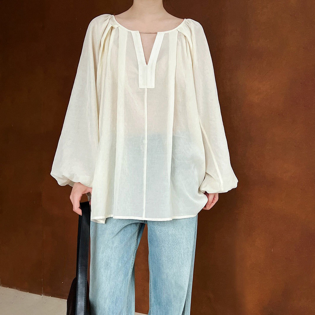 【トップス】春秋 Vネック ランタンスリーブ 微透け 日焼け止め シャツ【SNシリーズ】