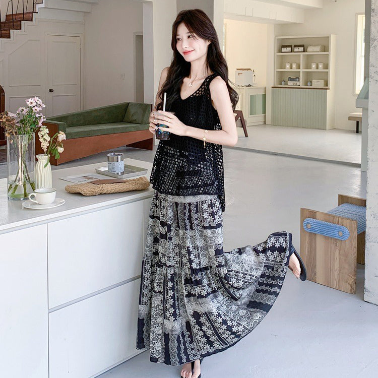 2点セット!【セットアップ】クロップドニット×花柄スカート 上下セットアップ レディース夏 塩系コーデ【SHシリーズ】